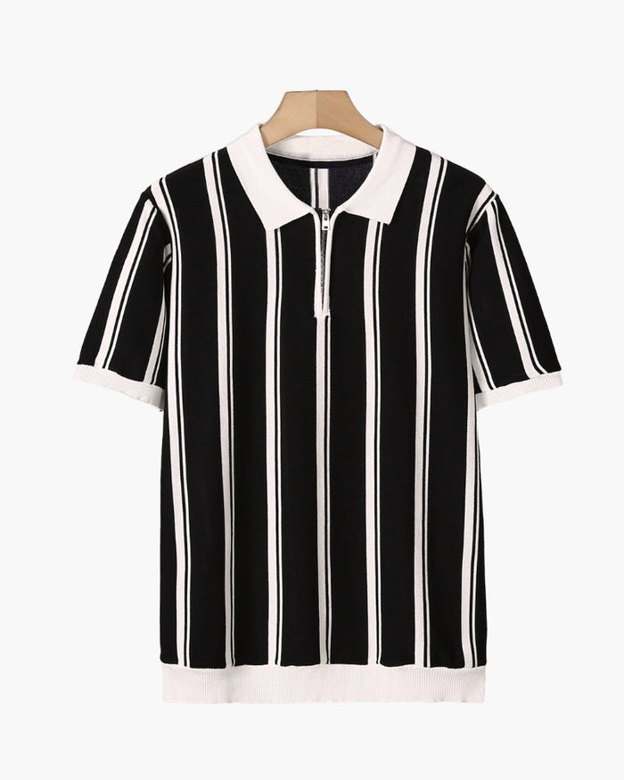 Contrast Vertical Stripe Half-Zip Knit Polo