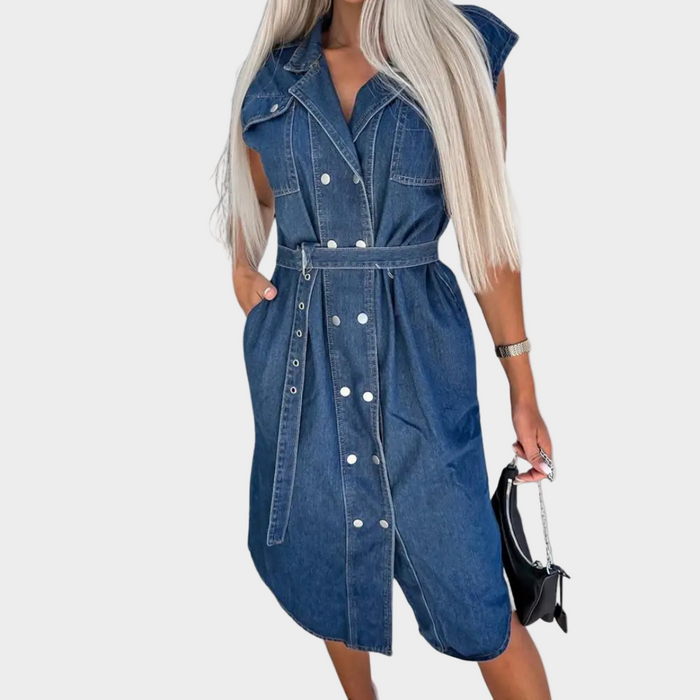 Robe en Jean Sans Manches à Ceinture