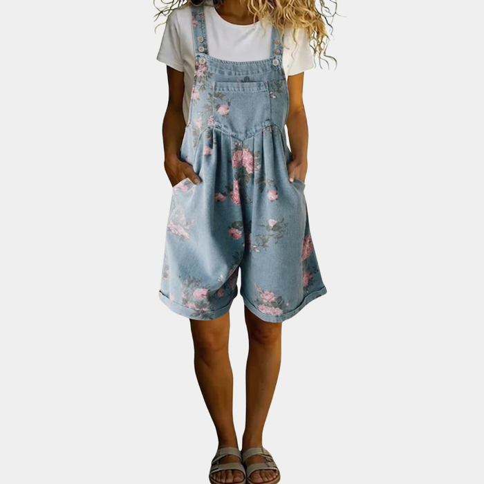 Salopette Short en Jean Imprimé Fleurs