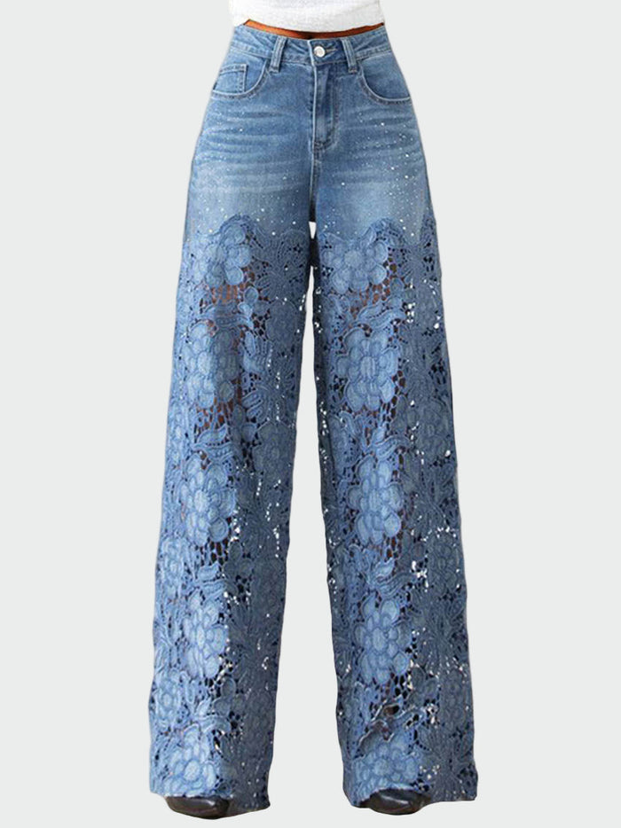 Pantalon Large en Jean et Dentelle