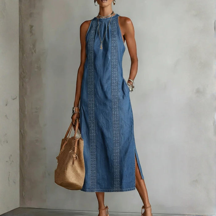 Robe Longue en Jean à Col Montant et Broderie