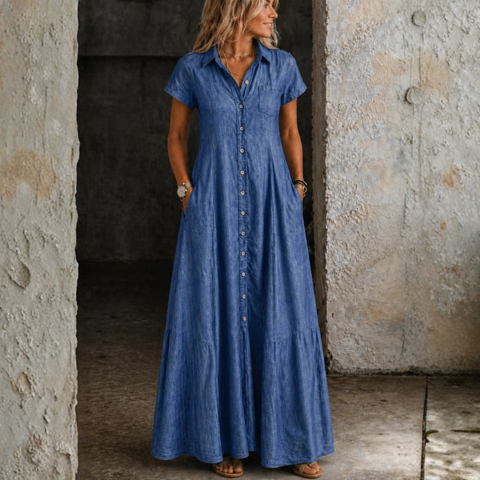 Robe Chemise Longue en Jean Évasée