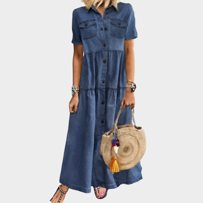Robe Longue en Jean Boutonnée à Manches Courtes