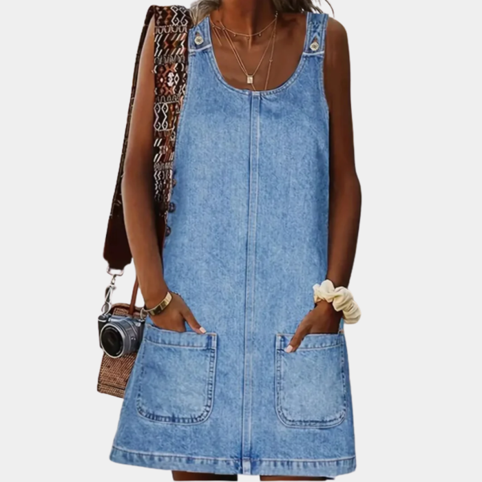 Robe Courte en Jean à Bretelles et Poches