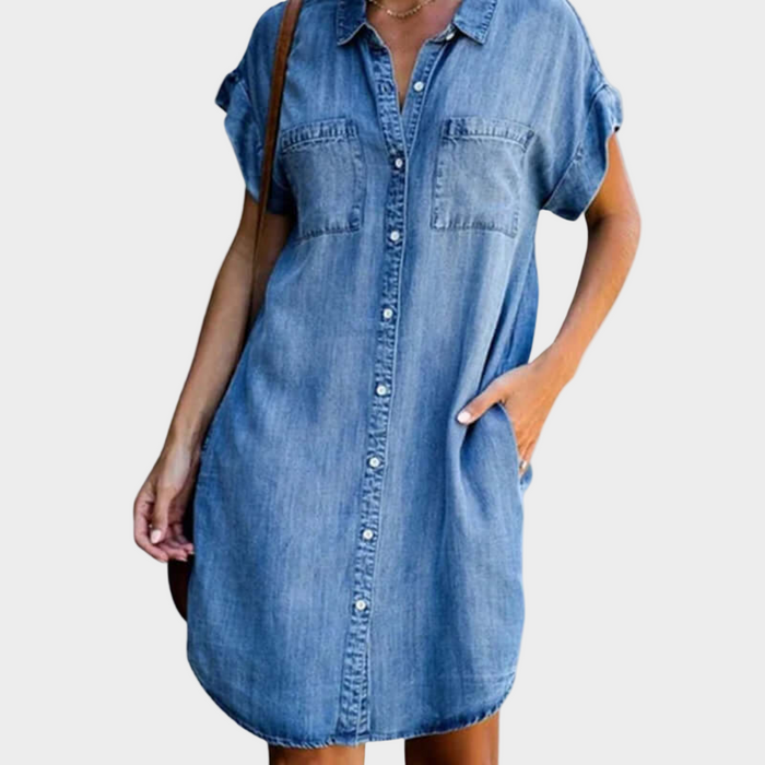 Robe Courte en Jean Boutonnée à Poches Poitrine