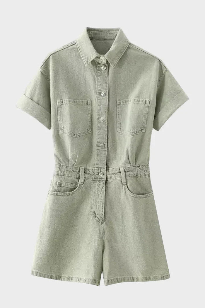 Salopette en Jean Boutonnée Col Chemise