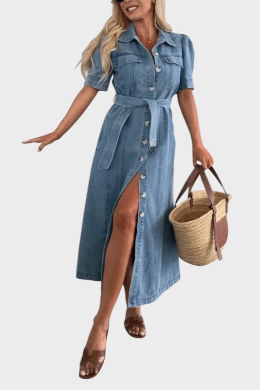 Robe Chemise Midi en Jean à Ceinture