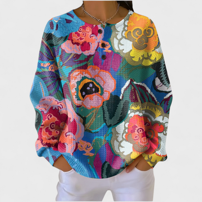 Pull Gaufré Grandes Fleurs Multicolores