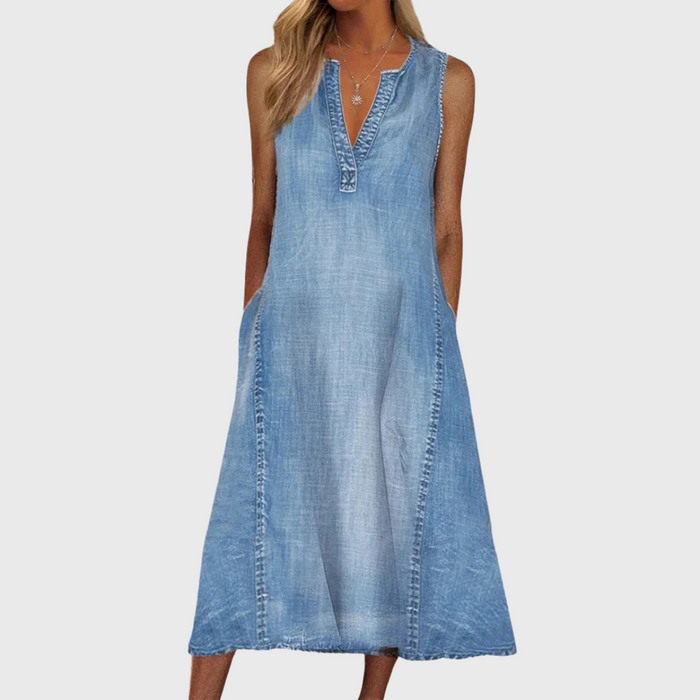 Robe Midi en Jean Sans Manches à Col V