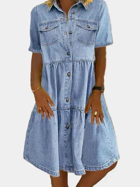 Robe en Jean Boho Boutonnée à Manches Courtes