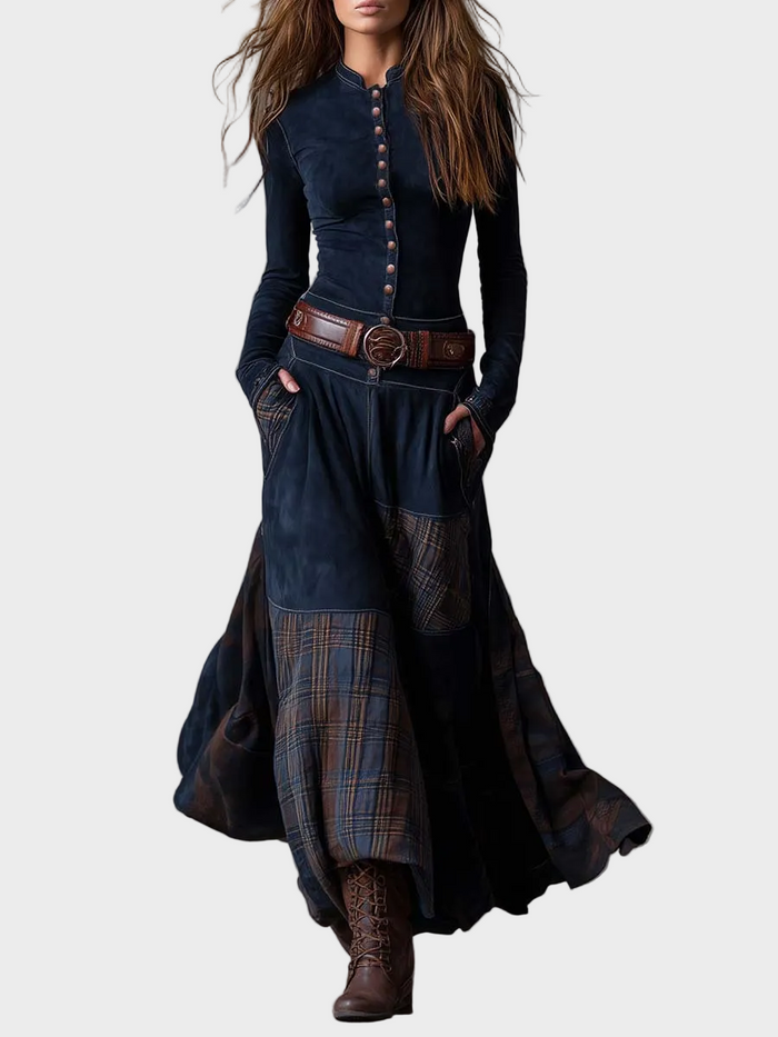 Helena | Robe longue en suédine bleu marine ceinturée