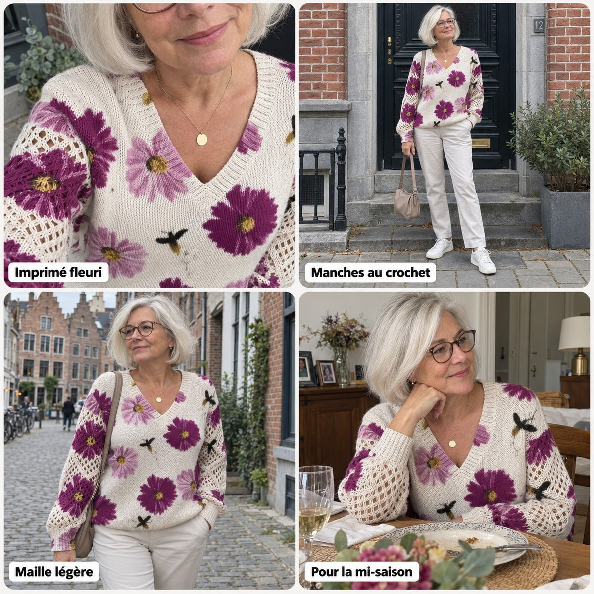 Anaïs | Pull à motif fleuri et manches au crochet
