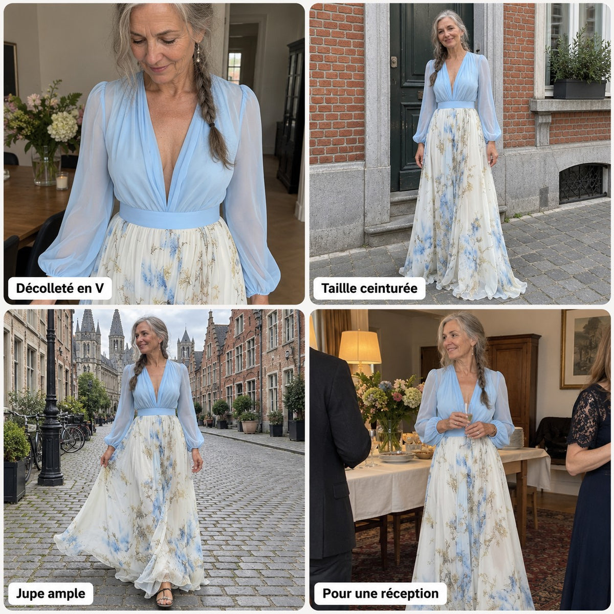 Anastasie | Robe longue à décolleté en V et jupe fleurie