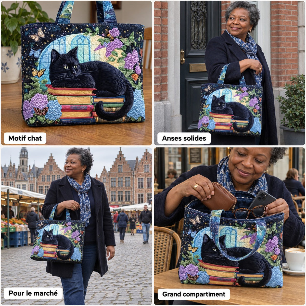 Angélique | Sac cabas matelassé à motif chat sur les livres