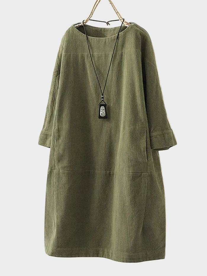 Ella | Robe midi en velours côtelé fin, coupe ample