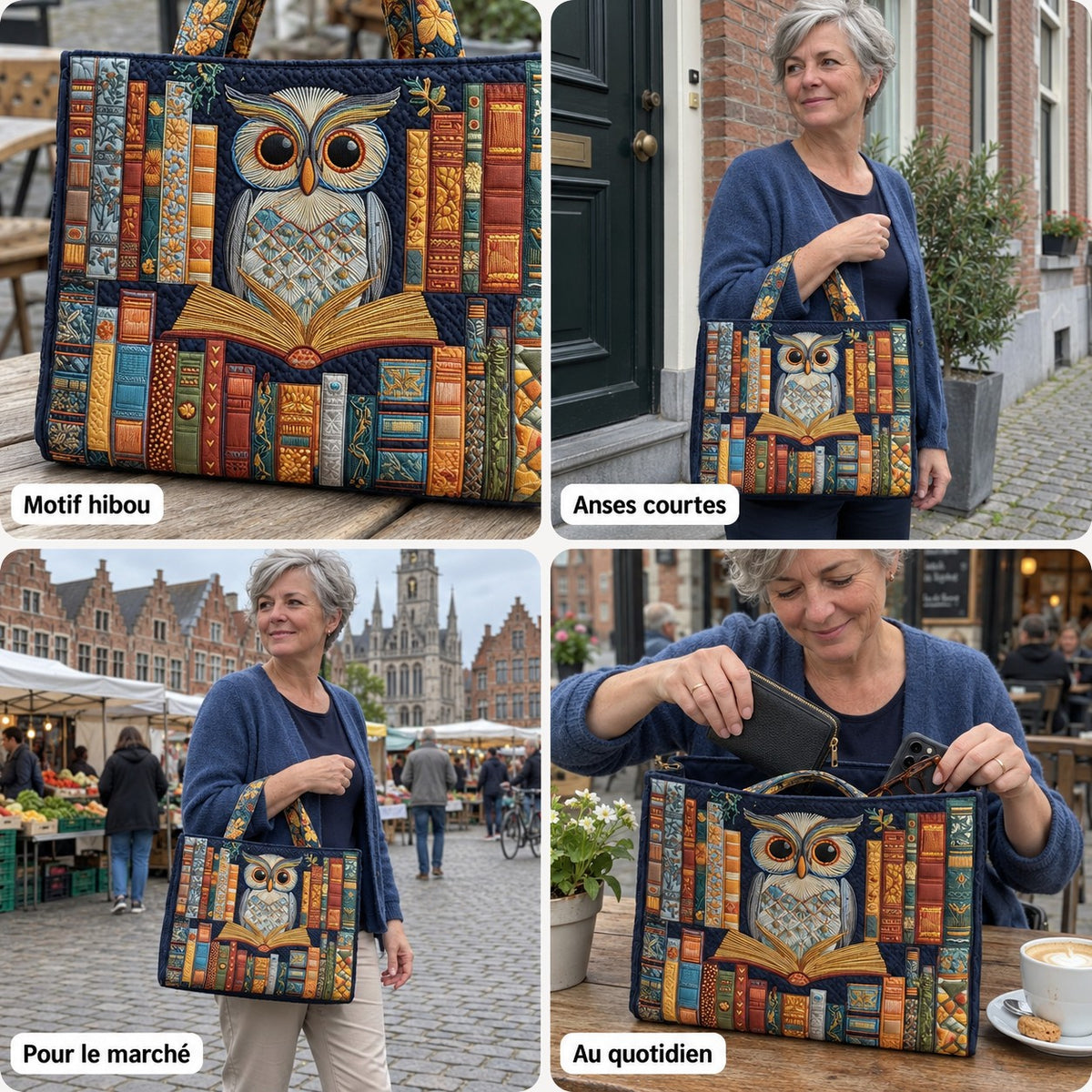 Christine | Sac cabas matelassé à motif hibou et livres anciens