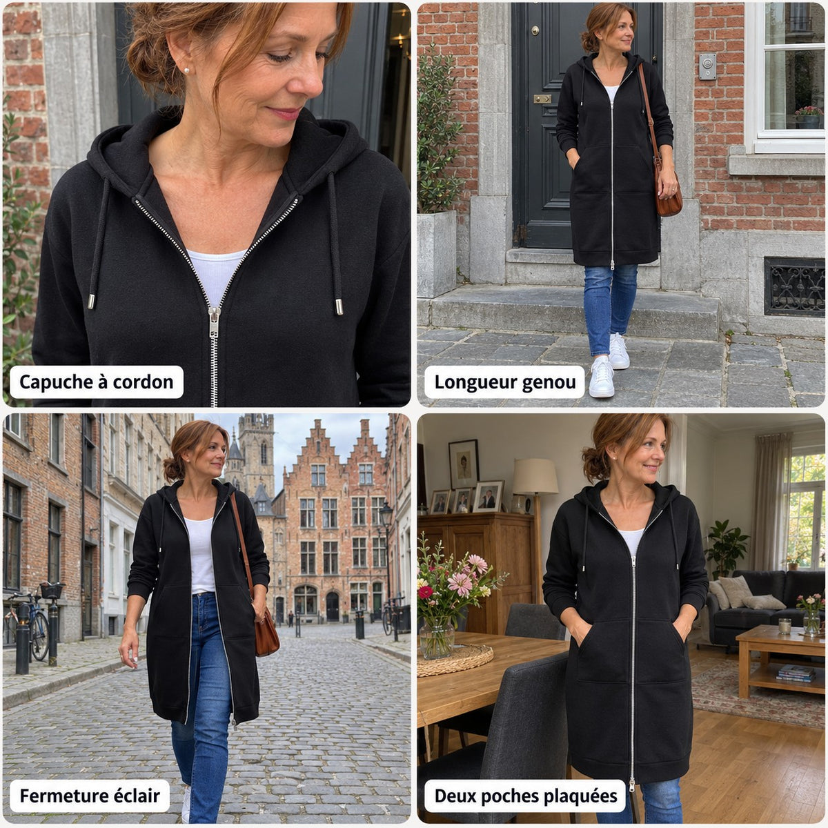 Dominique | Long sweat zippé à capuche et cordon