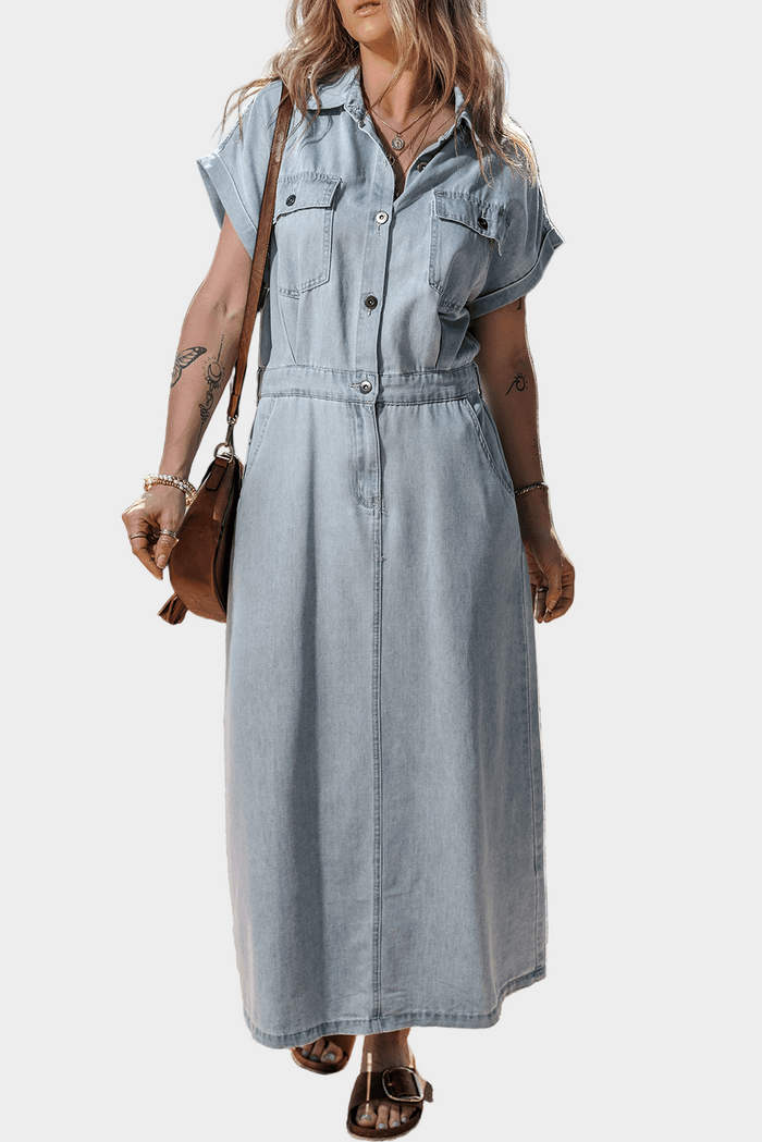 Robe Longue en Jean Manches Courtes à Poches Rabat