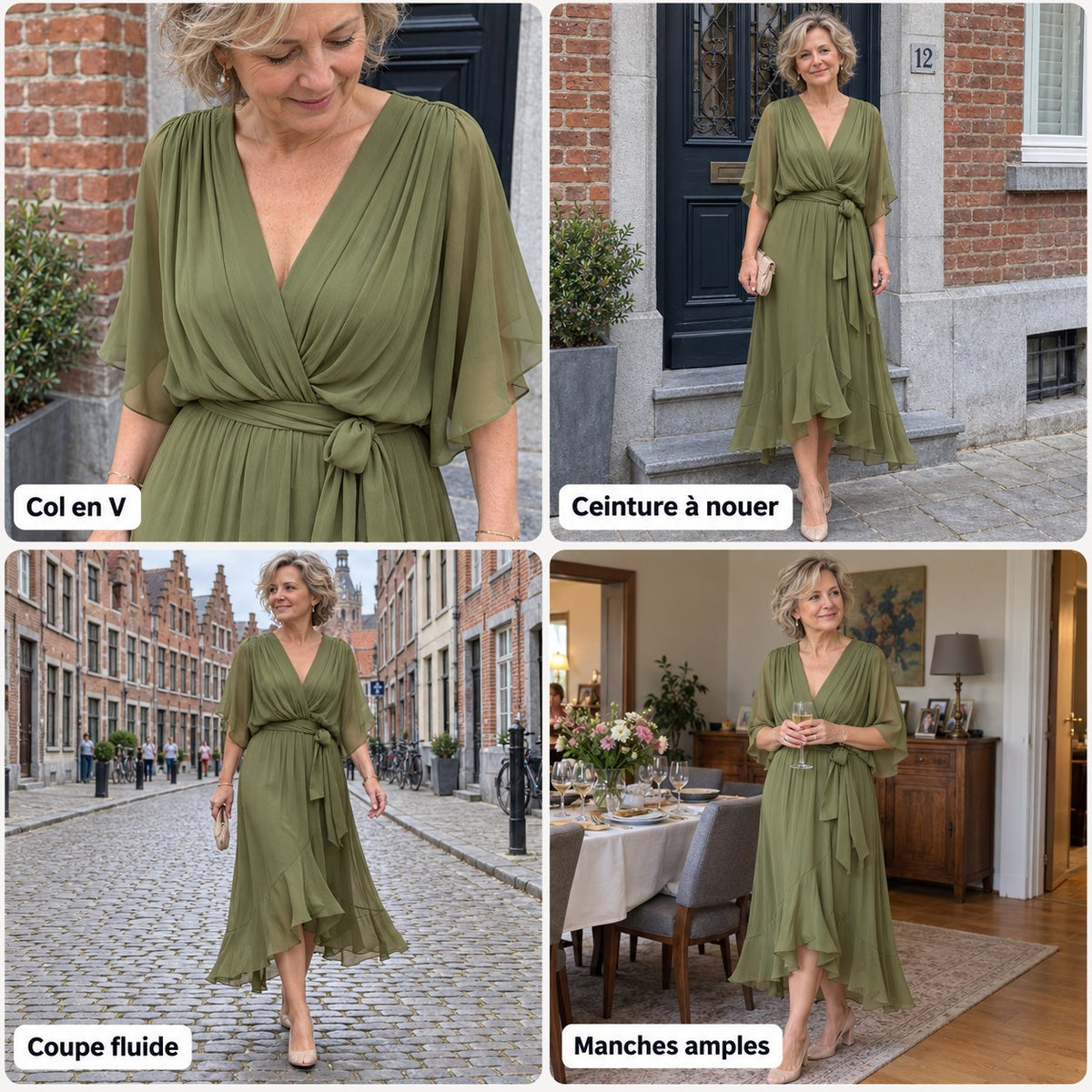 Émeline | Robe midi cache-cœur à ceinture nouée