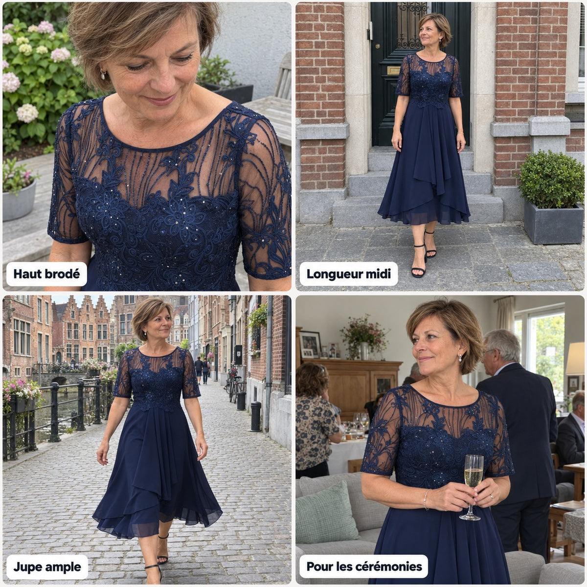 Laurette | Robe midi brodée à manches courtes