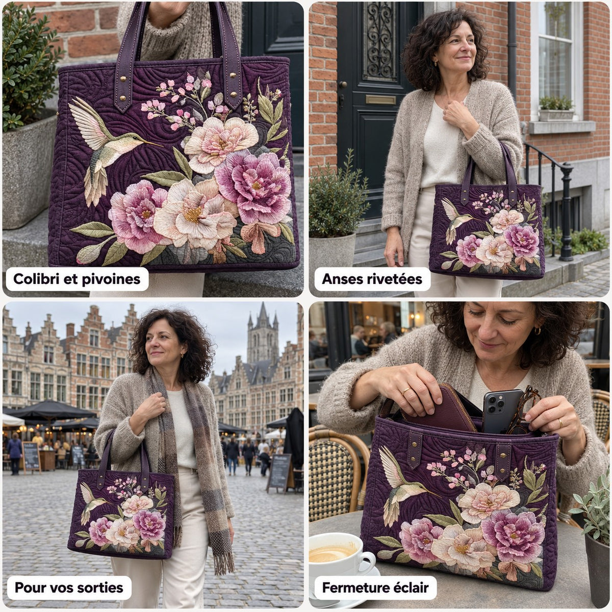 Léontine | Sac cabas matelassé à motif colibri et pivoines