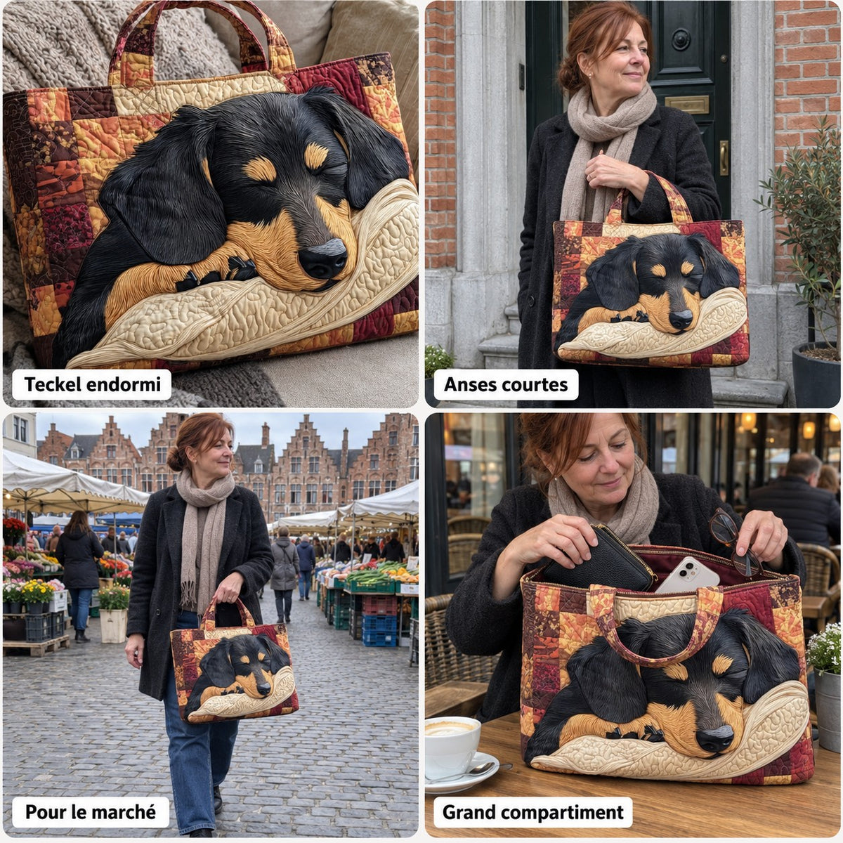 Mélanie | Sac cabas matelassé à motif teckel endormi