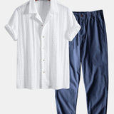 Ensemble — chemise cubaine texturée jacquard géométrique & pantalon en lin et coton