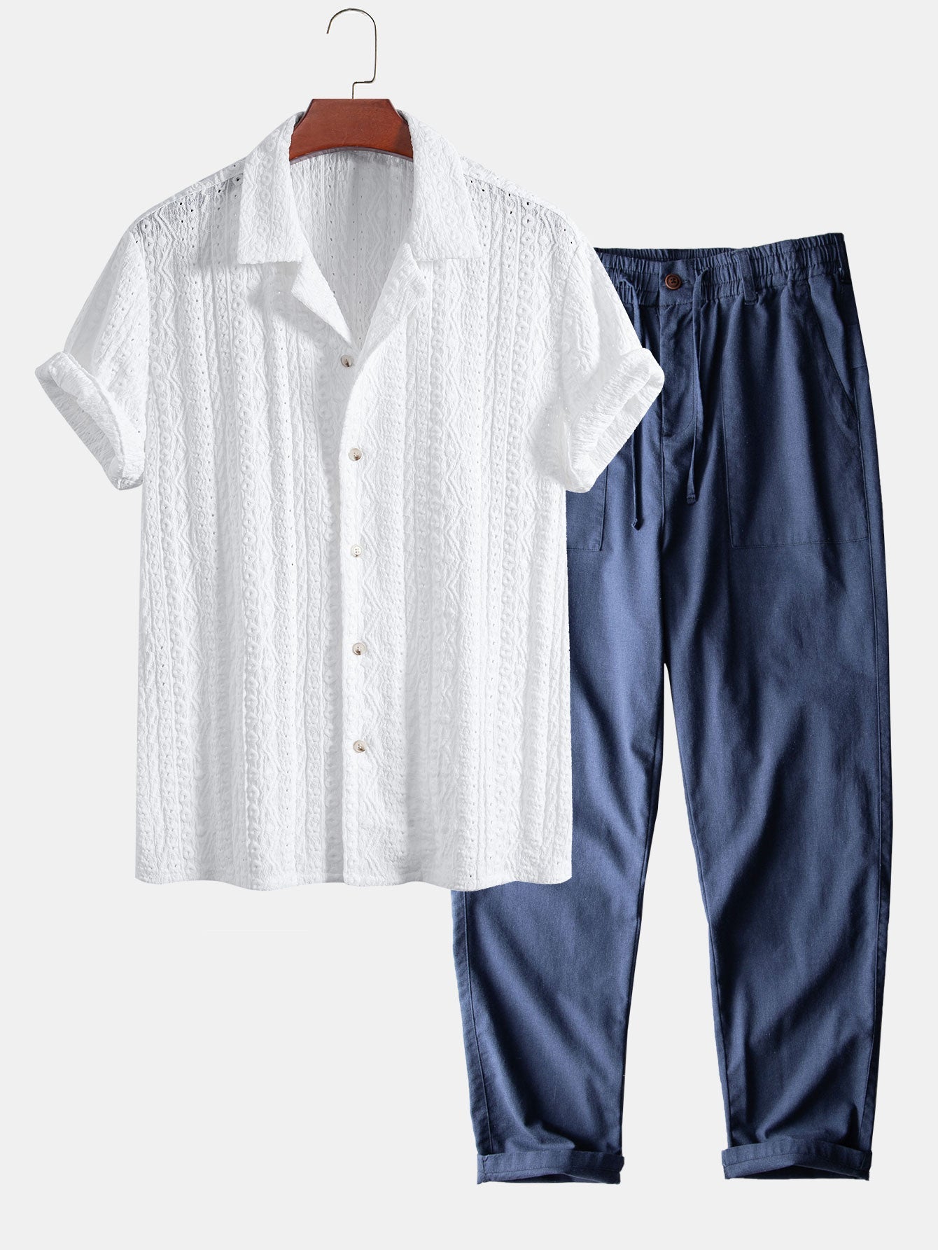 Ensemble — chemise cubaine texturée jacquard géométrique & pantalon en lin et coton