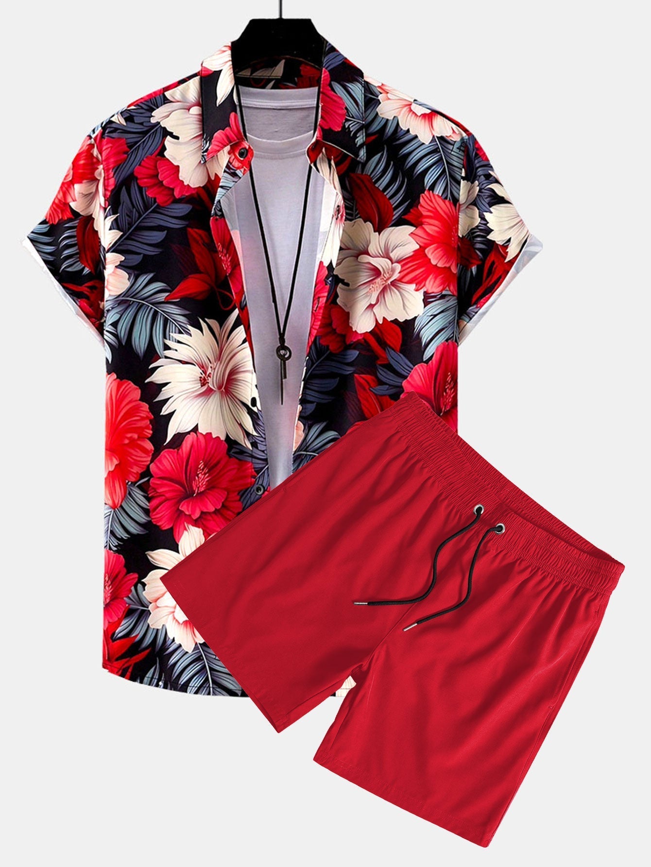 Ensemble — chemise à imprimé fleurs tropicales & short de bain uni à cordon