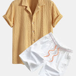 Ensemble — chemise cubaine texturée en maille géométrique & short de bain mi-long à cordon