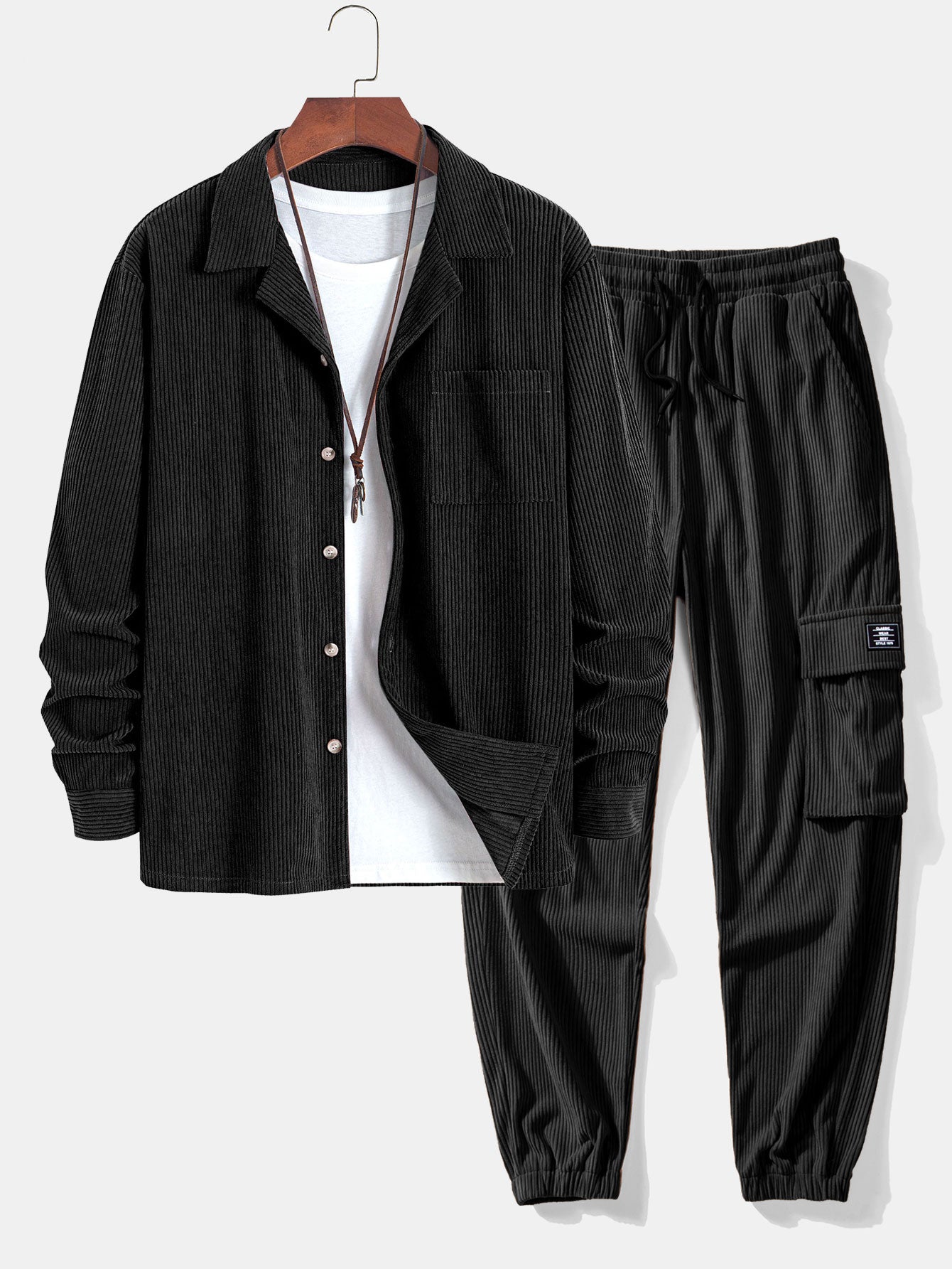 Ensemble — chemise en velours côtelé à col cubain & pantalon cargo de jogging en velours côtelé à cordon