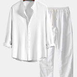 Ensemble — chemise côtelée à col officier et manches longues coupe ajustée & pantalon en lin