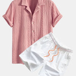 Ensemble — chemise cubaine texturée en maille géométrique & short de bain mi-long à cordon