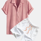 Ensemble — chemise cubaine texturée en maille géométrique & short de bain mi-long à cordon