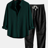 Ensemble — chemise côtelée à col officier et manches longues coupe ajustée & pantalon en lin