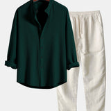 Ensemble — chemise côtelée à col officier et manches longues coupe ajustée & pantalon en lin