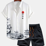 Ensemble — chemise à imprimé paysage à l'encre & short de bain mi-long à cordon