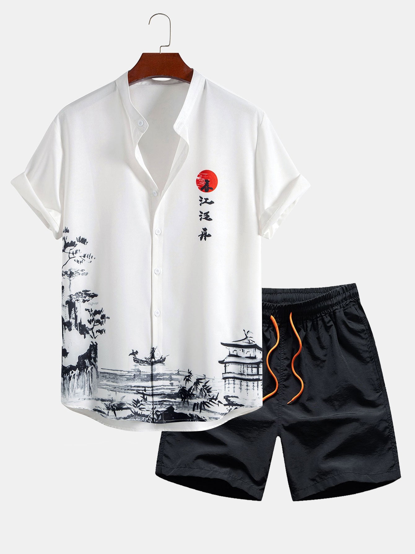 Ensemble — chemise à imprimé paysage à l'encre & short de bain mi-long à cordon