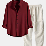 Ensemble — chemise côtelée à col officier et manches longues coupe ajustée & pantalon en lin