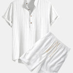 Ensemble — chemise rayée en lin mélangé à col henley & short en lin et coton