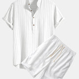 Ensemble — chemise rayée en lin mélangé à col henley & short en lin et coton