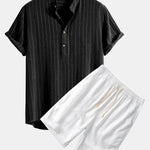 Ensemble — chemise rayée en lin mélangé à col henley & short en lin et coton