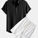 Ensemble — chemise rayée en lin mélangé à col henley & short en lin et coton