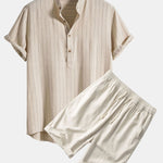 Ensemble — chemise rayée en lin mélangé à col henley & short en lin et coton
