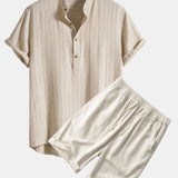 Ensemble — chemise rayée en lin mélangé à col henley & short en lin et coton