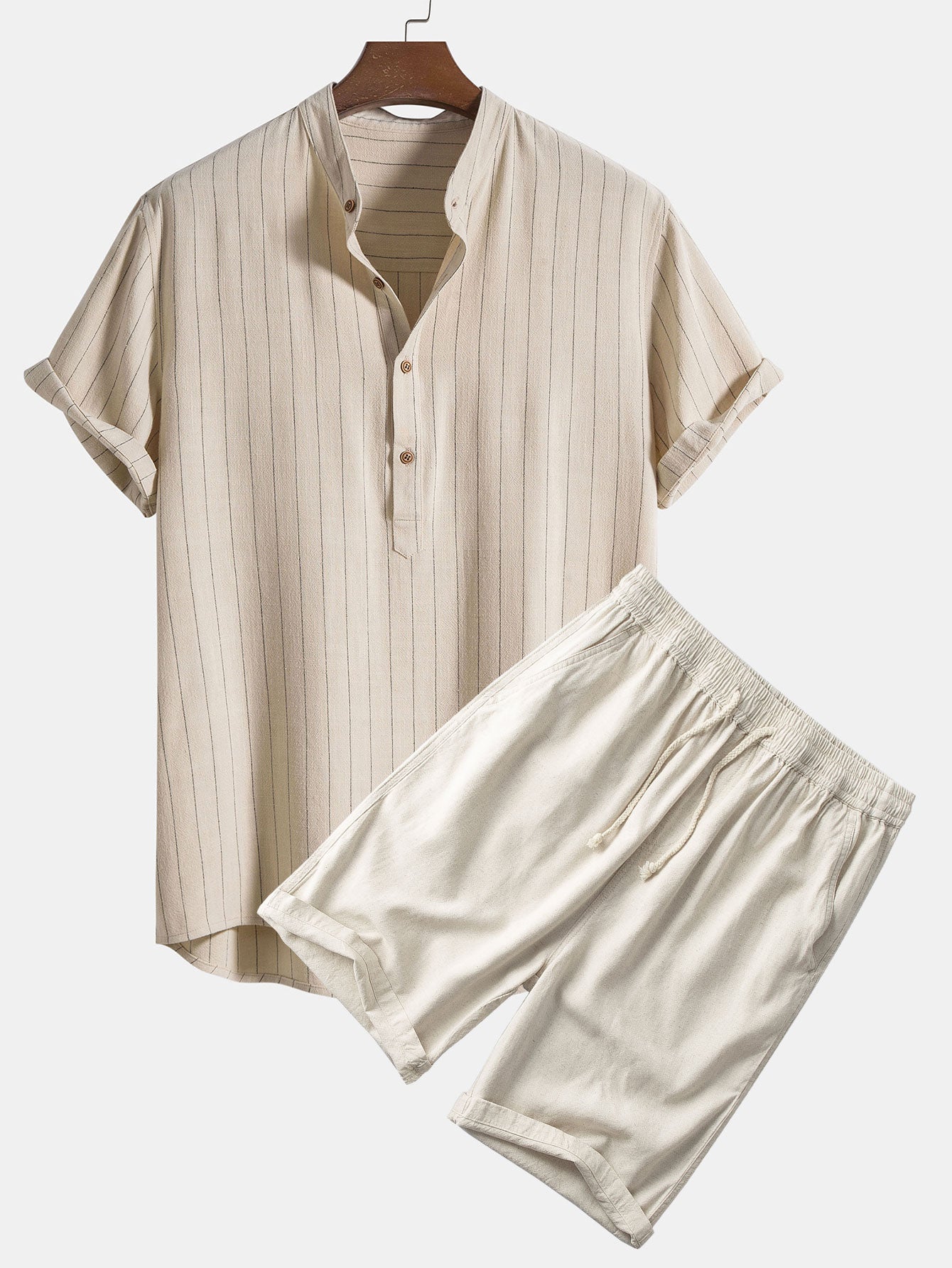 Ensemble — chemise rayée en lin mélangé à col henley & short en lin et coton