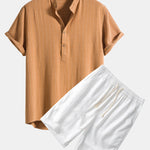 Ensemble — chemise rayée en lin mélangé à col henley & short en lin et coton