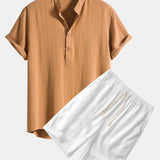 Ensemble — chemise rayée en lin mélangé à col henley & short en lin et coton