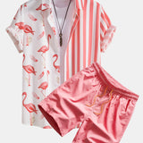 Ensemble — chemise à empiècements rayés et flamants roses & short de bain