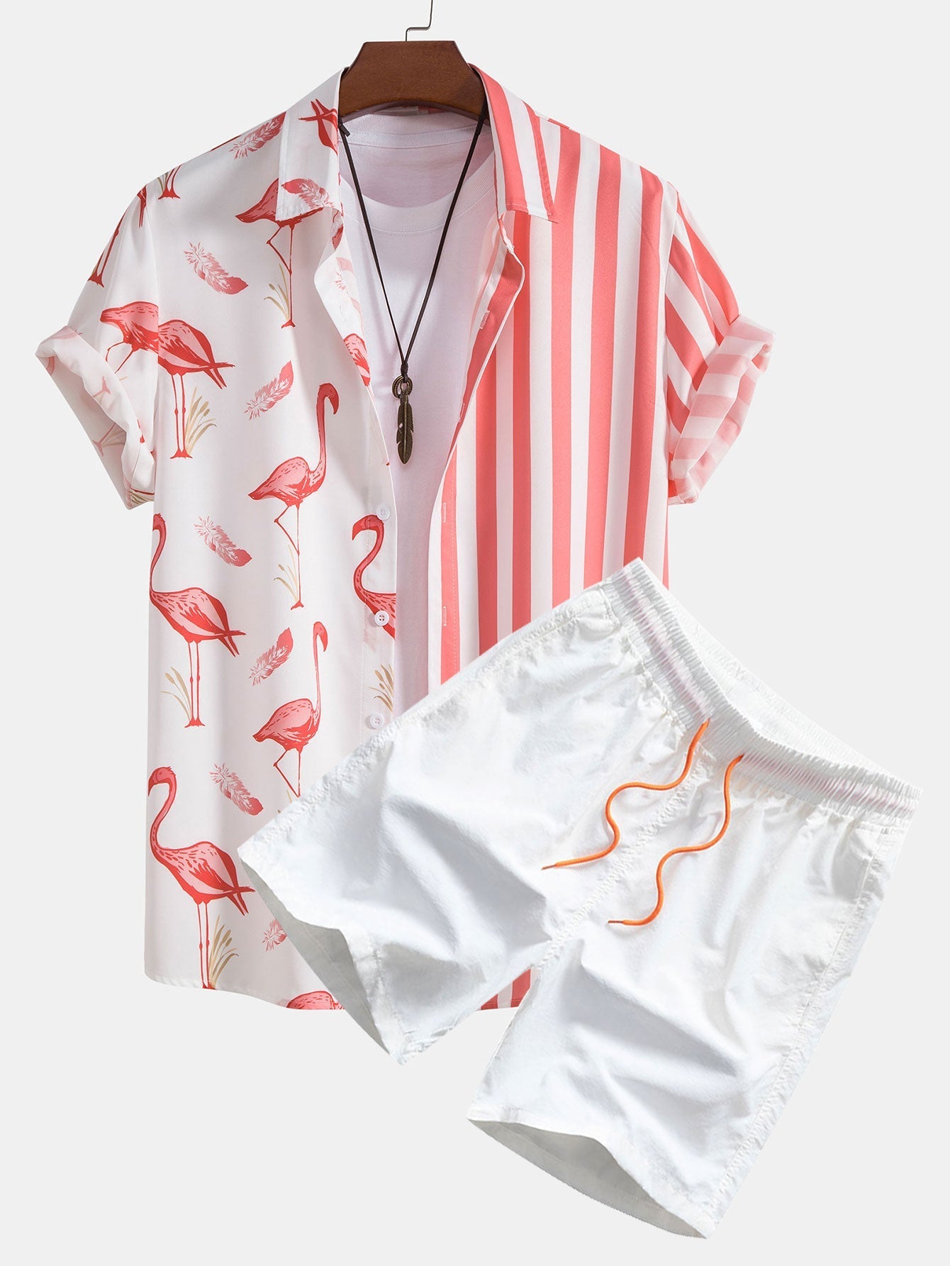 Ensemble — chemise à empiècements rayés et flamants roses & short de bain